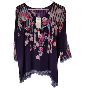 New Johnny Was Wendy Blouse Purple Floral Embroidered with Tags Womens‎ Small